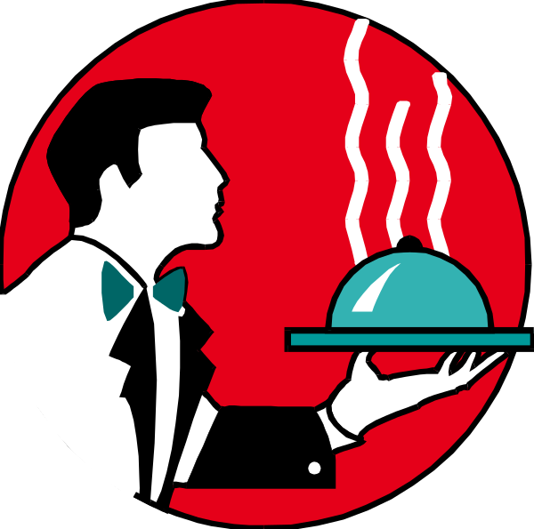 The illustration depicts a man holding an oval plate with food on it while standing behind a counter that has a menu sign above him; he is wearing a bow tie and appears to be in a restaurant environment, as suggested by the presence of other menus around his neckline.