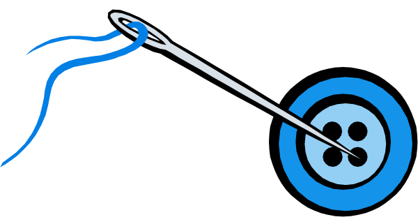 The image shows a blue button with two holes on it being used to hold up an object that appears to be threaded through them by some kind of tool resembling scissors in mid-action above, and there is also what looks like a small screw or bolt at one end of the object.
