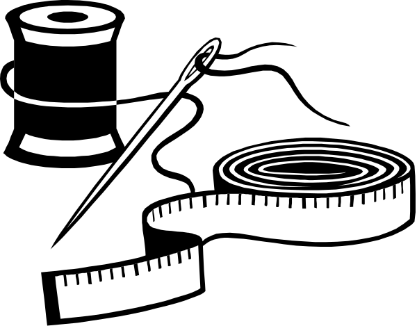 The black and white silhouette of a sewing kit with scissors on top next to measuring tape.