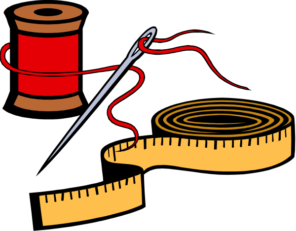 The image shows a sewing kit with various items such as scissors, thread, needles, pins, buttons, fabric pieces, measuring tape, ruler, seam ripper, thimble, and other tools commonly used in tailoring on top of an open spool of red yarn.