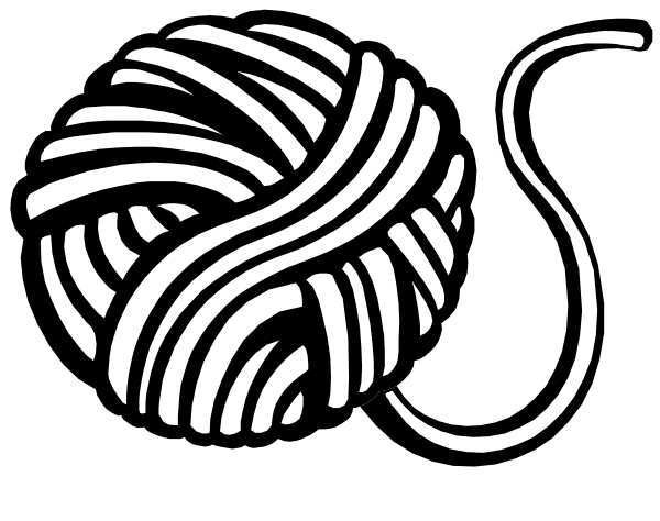 The black and white logo of a yarn shop with swirls forming letters on it.