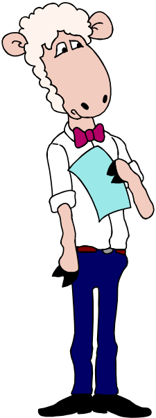 The cartoon features a sheep dressed as a human wearing blue jeans with rolled up sleeves, holding papers on its head while standing in front of an open bookcase filled with books; it is set against a gray background and has no text present within this image.
