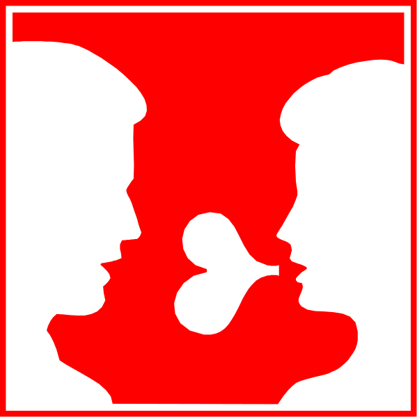 The image shows a red silhouette of two profiles facing each other with their mouths open as if speaking to each other; there is no text present in this clip-art illustration.