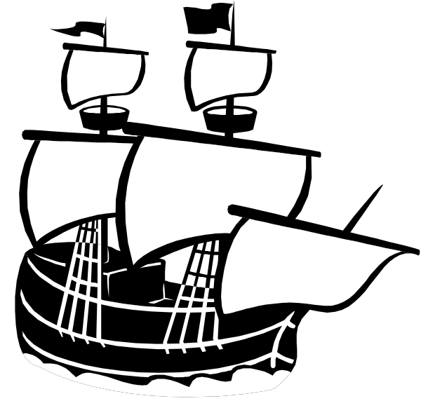The black and white silhouette of a ship with sails on it is shown against an empty background.