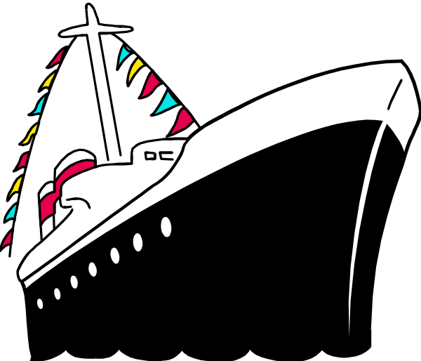 The black and white illustration shows a cruise ship with its bow facing upwards on top of waves against an overcast sky background.