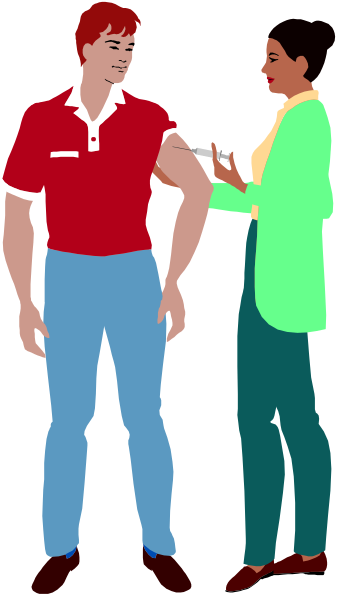 The illustration shows a man wearing blue jeans standing next to another person who appears to be giving him something with their right hand while holding up an object in their left hand that looks like it could possibly contain liquid, set against a plain background without any distinguishable features or setting details visible within the frame.