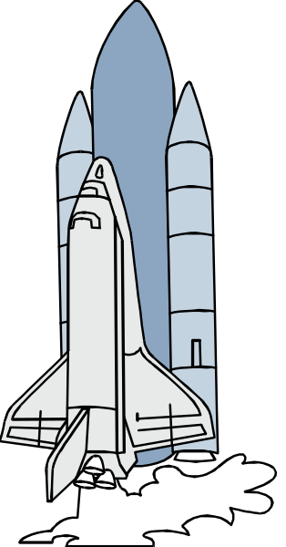 The black and white illustration shows a rocket with an astronaut inside on top of it, positioned next to another smaller spacecraft that is also carrying an astronaut in its cockpit.