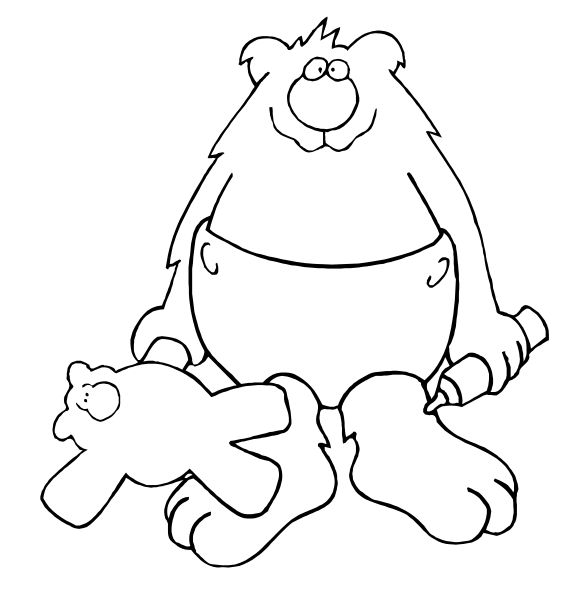 The image shows a cartoon of an overweight bear sitting on its haunches with two teddy bears resting against it; one is in front while another rests behind.