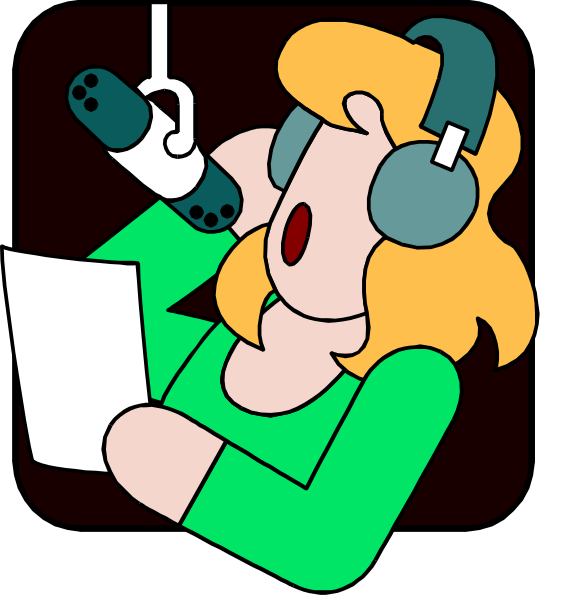The cartoon shows a woman sitting at her desk with headphones on, listening to music while holding papers that she is reading from in front of her face.