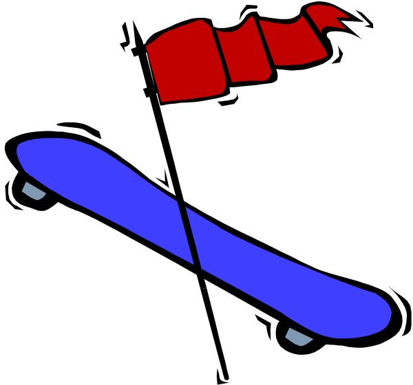 The image shows a blue skateboard with red wheels next to an ice cream cone that has been knocked over onto its side on what appears to be black asphalt ground surface.