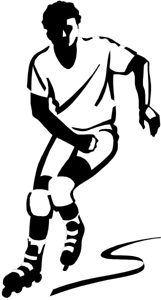 The black and white photo shows a person sitting on an object with their legs crossed at the knees while wearing protective gear such as knee pads and shin guards; it appears to be of someone playing hockey given the attire, but no other details about setting or action can be discerned due to its small size.