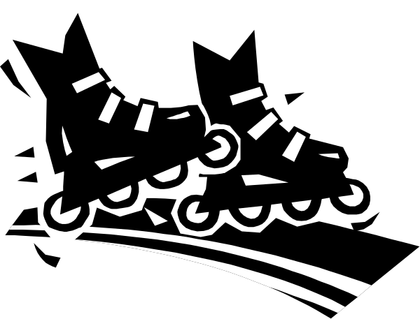 The black and white illustration shows a pair of roller skates with wheels on them placed next to each other against an unseen background.