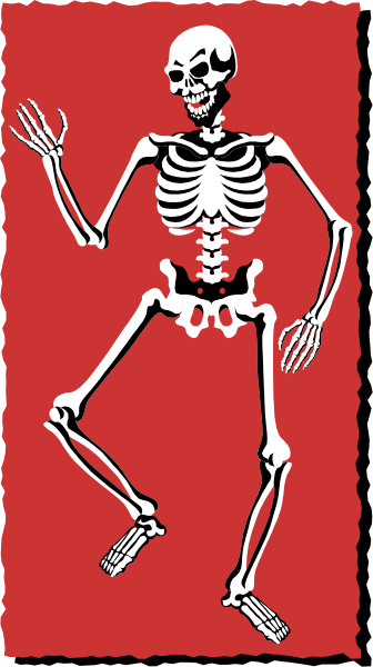 The image shows a skeleton with its arms outstretched against a red background.