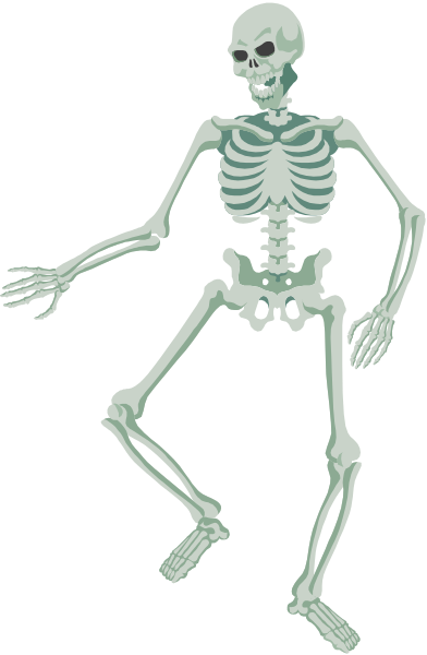 The image shows a skeleton standing upright with its arms outstretched against a black background.