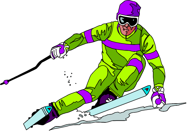 The image shows a person on skis wearing green ski gear racing downhill with snow visible around them against a dark background.
