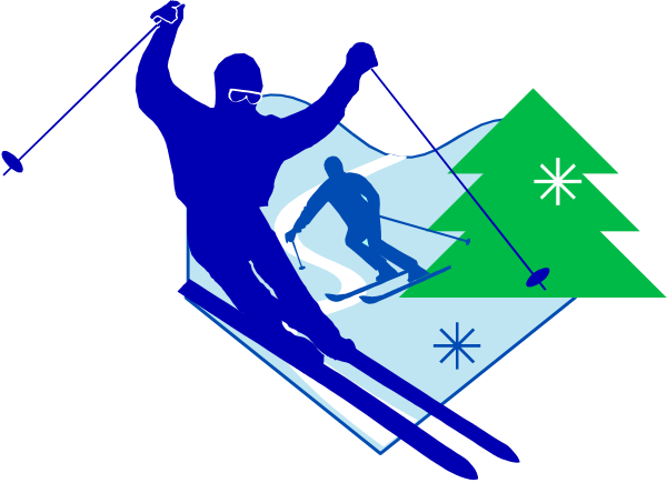 The image shows a person skiing downhill on snowy slopes with trees around them; there is also an icon of skis in front of two poles at bottom right corner.