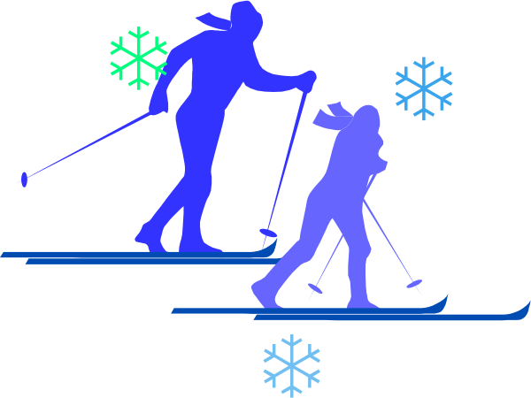 The image shows a winter sports theme with two skiers on snowy ground; there is also an ice-skater in motion against a dark background featuring white flakes that resemble falling snowflakes.