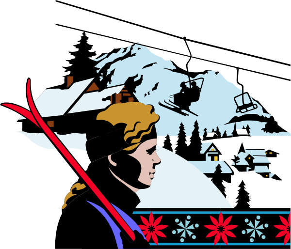 The image shows a stylized illustration of an outdoor winter scene with snow on mountains under a clear sky; there is no text present in this clip-art version.