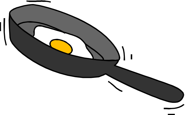 The image shows a cartoon of an egg inside a frying pan with two handles on either side.