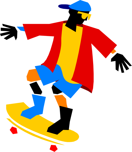 The image shows a cartoon of an animated character riding on top of a skateboard with their arms outstretched for balance while wearing shorts and sneakers.