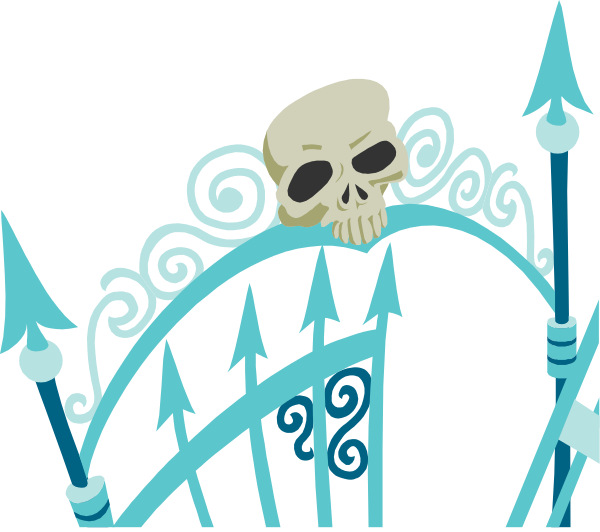 The image shows a cartoonish illustration of an iron gate with skulls on top, surrounded by spikes at its base; there is also a small flagpole in front of it adorned with three flags and two arrows pointing upwards from either side.