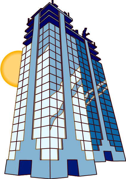 The image shows a tall building with many windows reflecting sunlight on its facade during sunset; there is no visible text in this clip-art illustration.