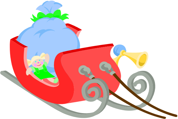 The image shows a cartoon depiction of Santa Claus's sleigh with reindeer pulling it through what appears to be snowy skies at nighttime.