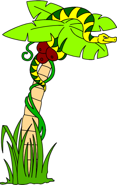 The image shows a cartoon of an exotic plant with large green leaves that resembles banana plants growing from what appears to be a stylized tree trunk in front of it; there is also a small, colorful bird perched on one side and some red berries hanging nearby.