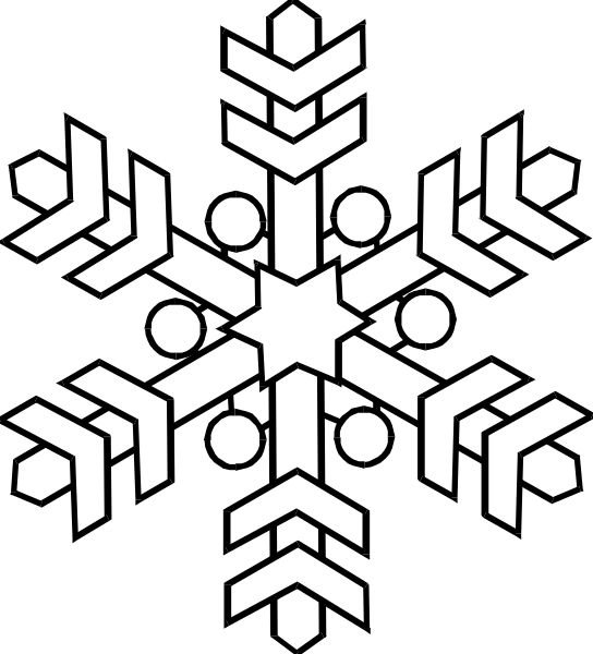 The black and white snowflake design features a symmetrical pattern of six arms radiating from its center with intricate detailing on each arm that resembles small triangles creating an overall star-like appearance, set against a dark background.