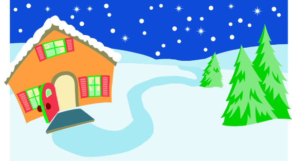 The image depicts a Christmas scene with snow on rooftops, two houses decorated for winter holidays, trees adorned in festive lights, falling snowflakes against dark sky, and Santa Claus riding his sleigh pulled by reindeer through the air above the roofs of homes.