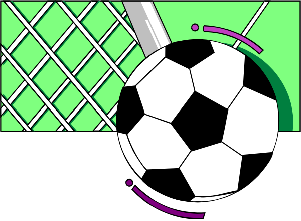 The image shows a soccer ball with two purple dots on it next to an illustration of a chain-link fence in green and white stripes against a gray background.