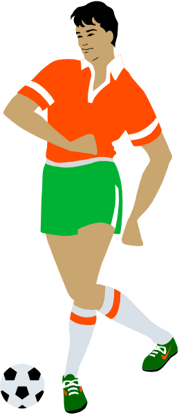 The image shows a cartoon of an athlete wearing shorts with stripes on them standing next to soccer balls while holding his hands out in front of him as if he's about to kick one.