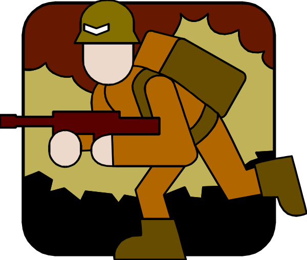 The image shows a cartoon soldier carrying an assault rifle while running away from explosions with smoke rising around him; he is wearing military gear including boots and helmet.