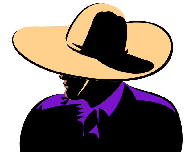 The image shows a cartoon of an old western cowboy wearing a yellow hat with a black band around it, standing in front of what appears to be a dark background that could represent nighttime.