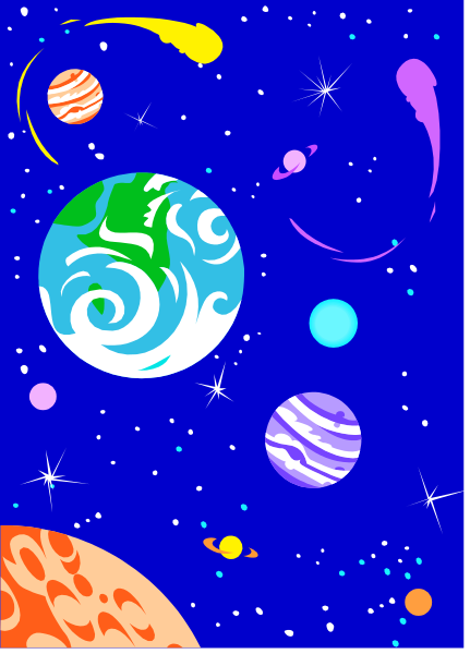 The image shows a colorful space scene with planets of various sizes orbiting around each other against a dark blue background filled with stars.