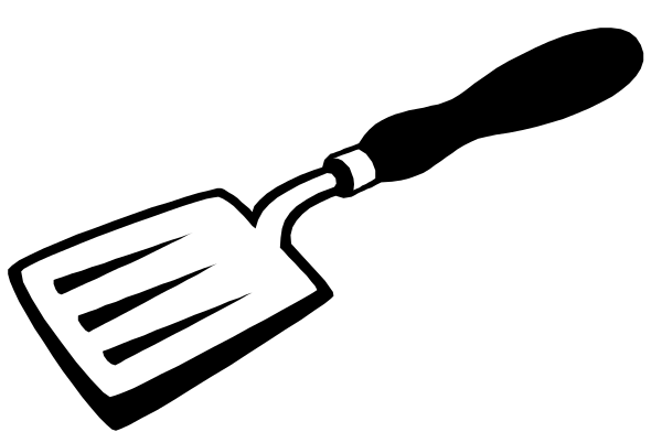 The black and white silhouette of a shovel with an object that resembles a fish on it next to what appears to be a fishing rod in water.