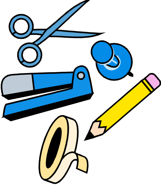 The image shows a collection of office supplies including scissors with blue handles, yellow pencils, black stapler, white eraser on top of ruler, clear tape dispenser next to banana clip and pair of pliers in front of them all.