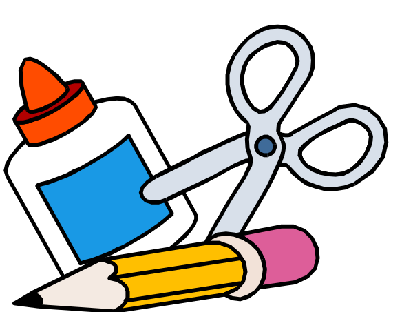 The image shows a collection of office supplies on top of each other against a black background: scissors with blue handles to their left; an open bottle labeled "glue" in front of them; two pairs of scissors, one pair yellow and pink-handled behind the glue bottle.