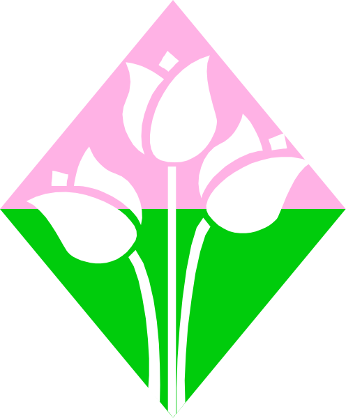 The image shows a stylized graphic of three flowers with green leaves on pink background within an irregular diamond shape border.