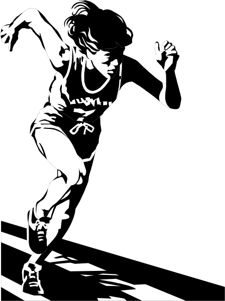 The black and white silhouette of a person running on an escalator with their arms outstretched for balance.