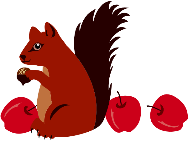 The image shows a red squirrel sitting next to apples with apple cores on top of them against an orange background.