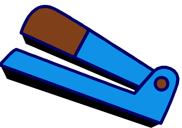 The image shows a blue stapler with an orange tip on it next to some scissors that have brown handles in front of them against a gray background.