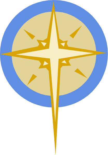 The image shows a compass rose with an arrow pointing to it against a black background.