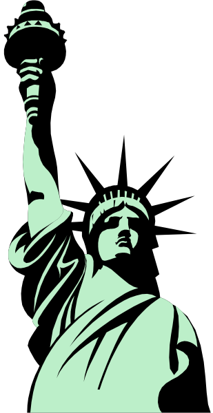 The black and white silhouette of a statue holding up an arm with torch held high against dark background.