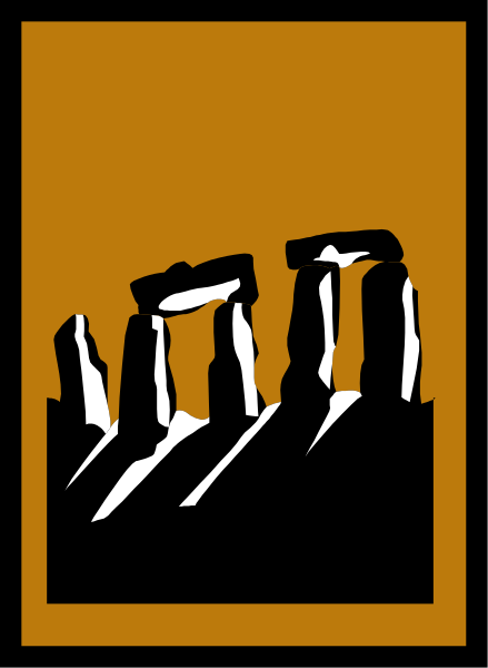 The image shows a stonehenge structure with multiple stones arranged around it against an overcast sky background.