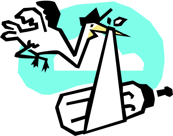 The image shows a cartoon of an owl with two birds on its back flying over water under a blue sky during sunset.