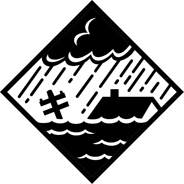 The black and white illustration depicts a ship sinking into water with rain clouds above it.