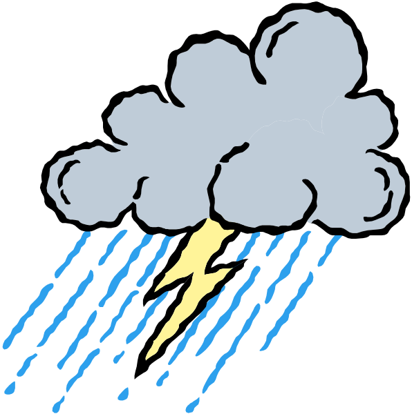 The image shows a cartoon depiction of an electrical storm with dark clouds raining down on what appears to be a cityscape at nighttime.