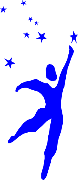 The image shows a blue silhouette of an acrobat performing on what appears to be a tight rope with stars in the background.