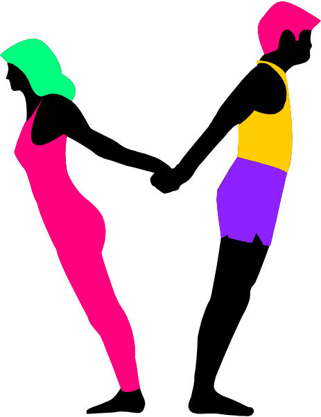 The image shows two silhouettes of a person standing side by side against different colored backgrounds: pink on left, yellow in middle, purple on right; all with black outlines.
